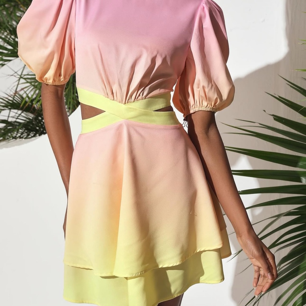 Pink and Yellow Puff Sleeve Mini Dress with cutouts
